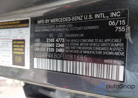 2015 Mercedes-Benz C 300 4Matic from USA, damaged, VIN 55SWF4KB0FU081685